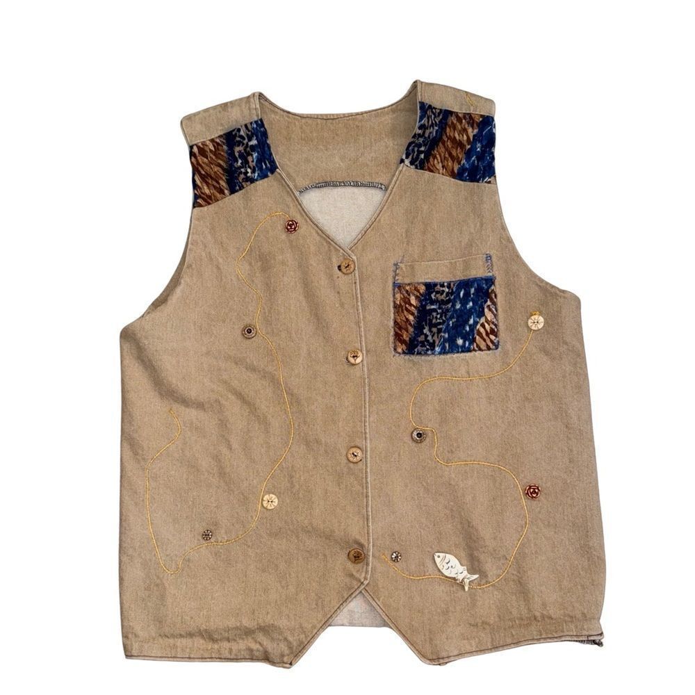 Vintage Hand Embroidered Lace Detailed Vest in Tan with Patch Work - Fits L/XL